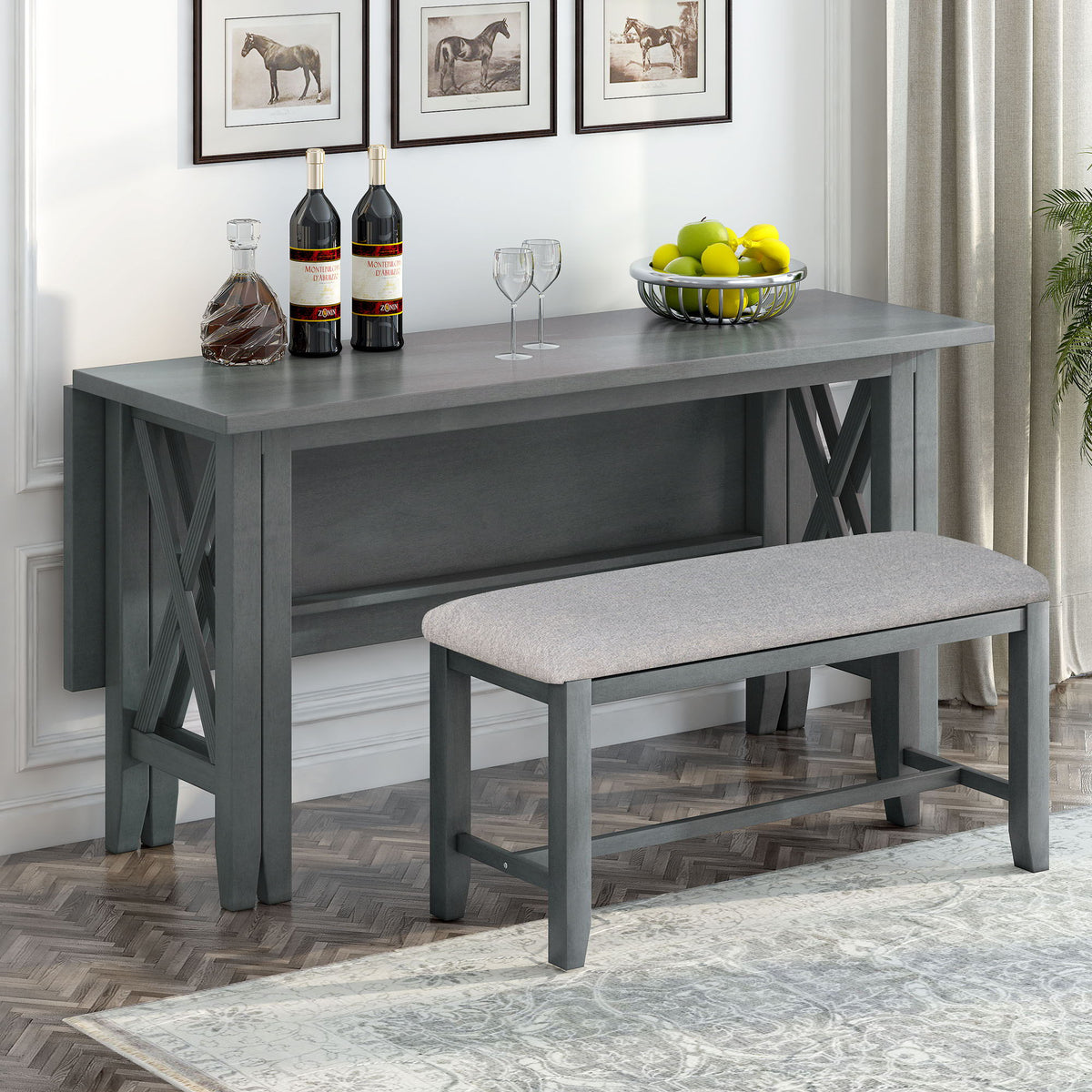 Foldable Dining Set For 6 With 4 Chairs And Bench, Space Saving Design - Gray
