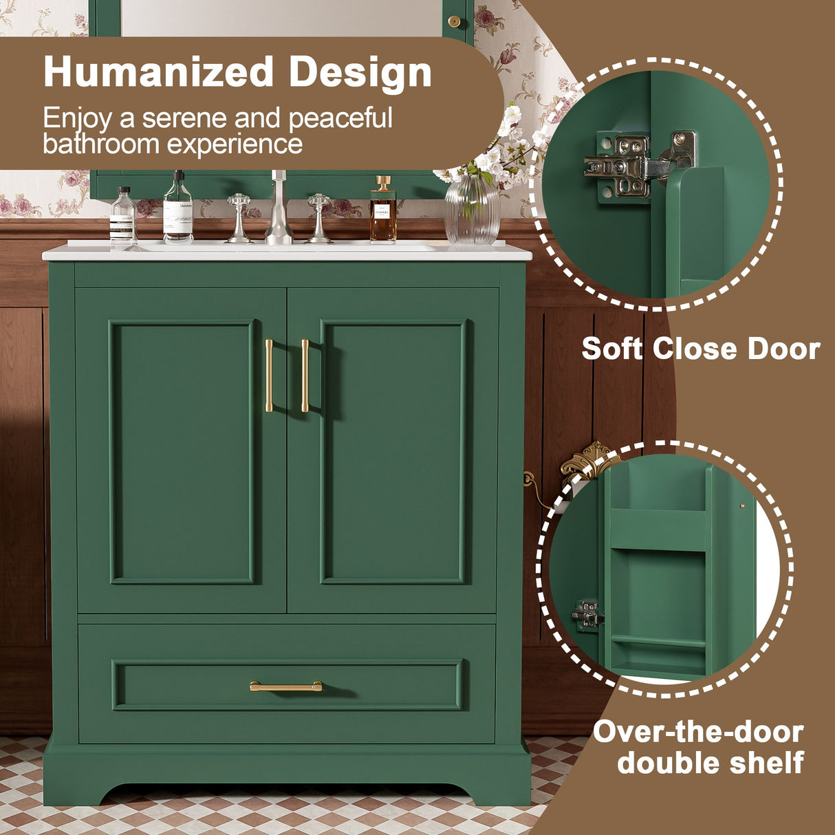 Bathroom Vanity With Sink, 1 Divided Drawer And 2 Soft Close Doors With Double Shelf