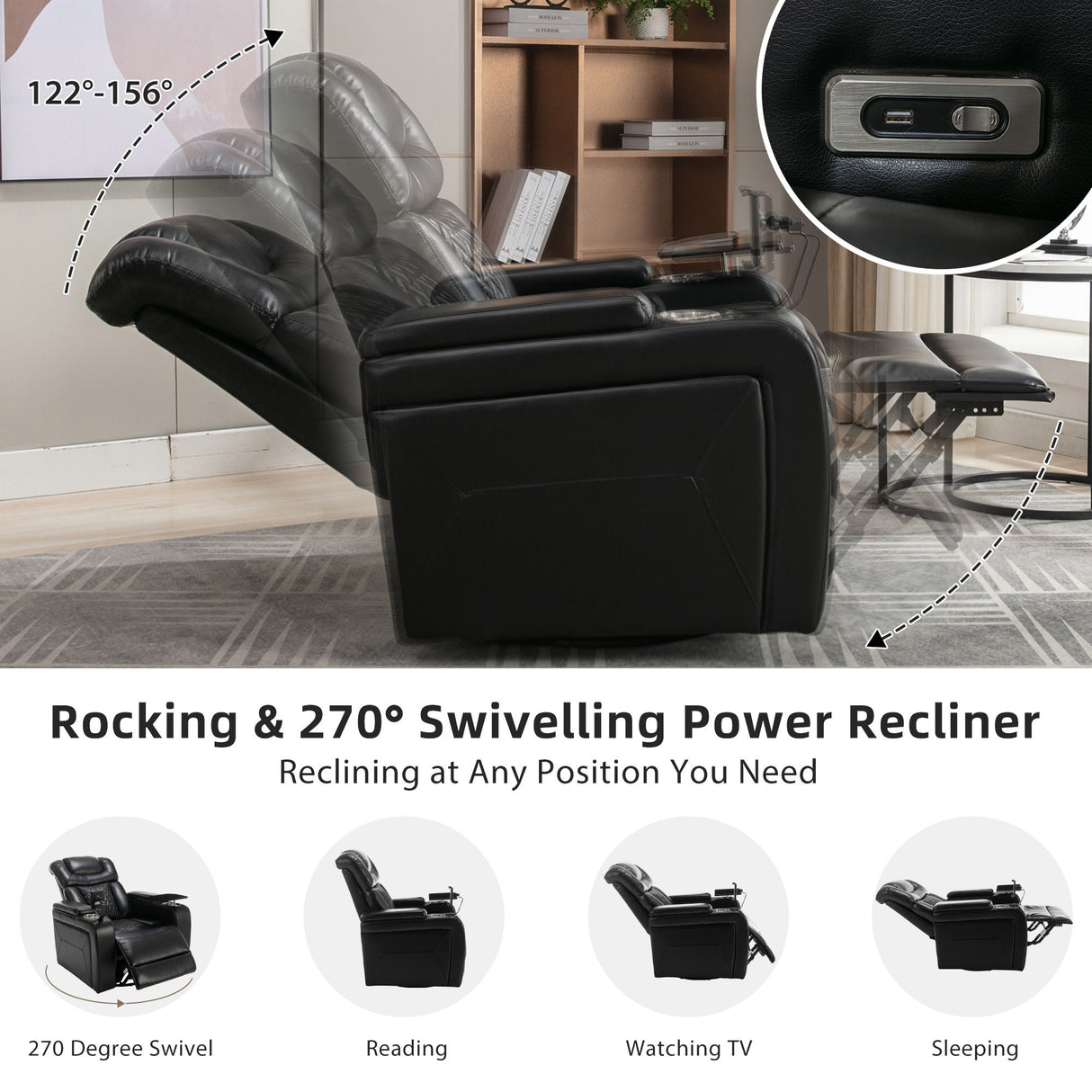 270 Degree Swivel Power Recliner With Tray Table, Phone Holder, Cup Holder, USB Port