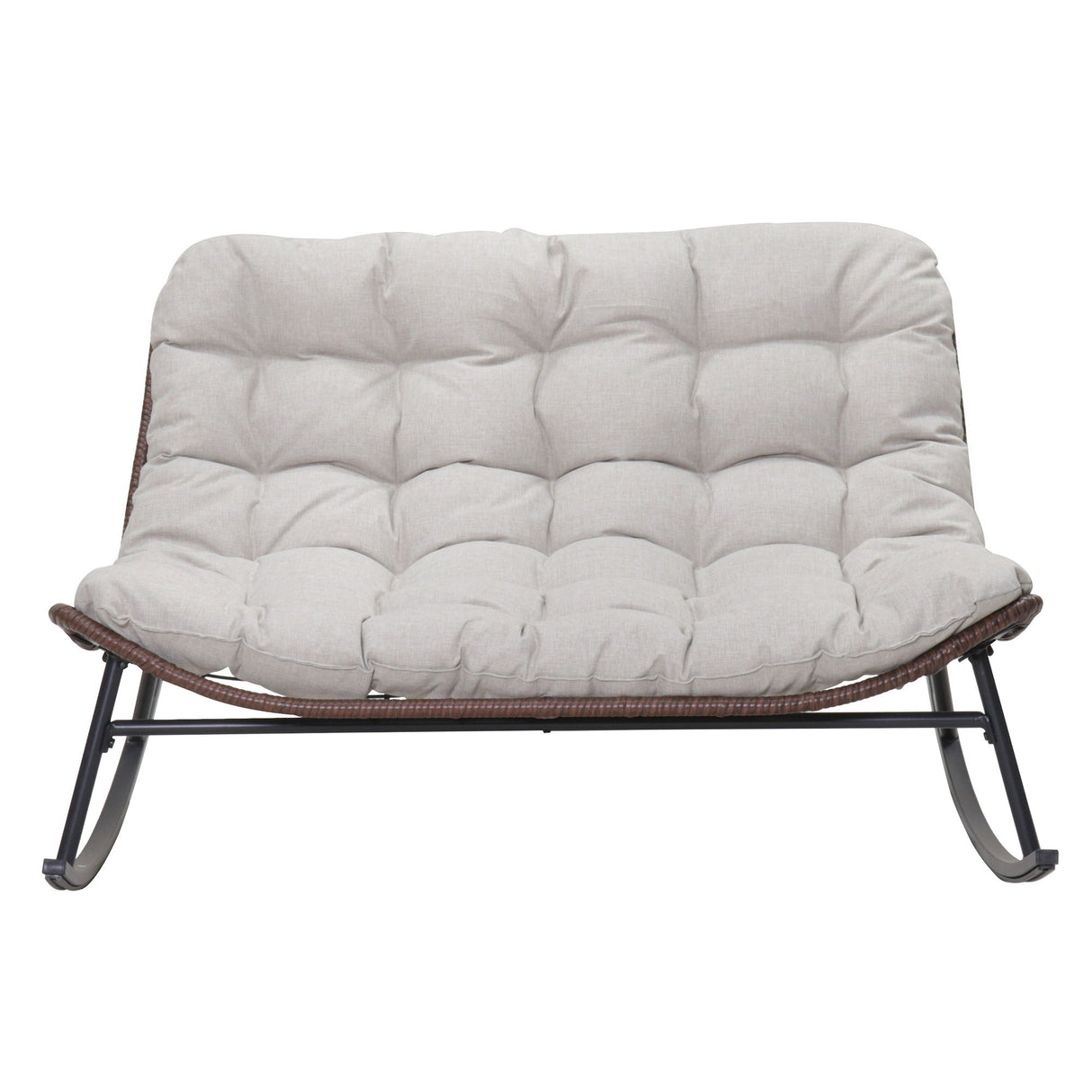 Double Wide Rocking Papasan Chair, 2 Person Outdoor Lounge Seating - Acacia Wood / Beige
