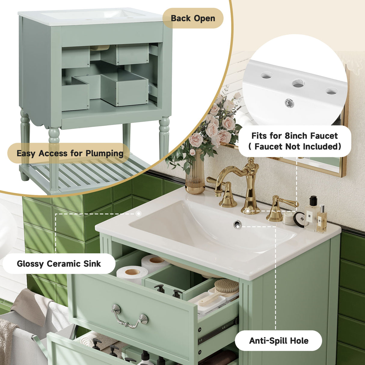 Wave Design Bathroom Vanity With Sink, 2 Drawers And Open Shelf