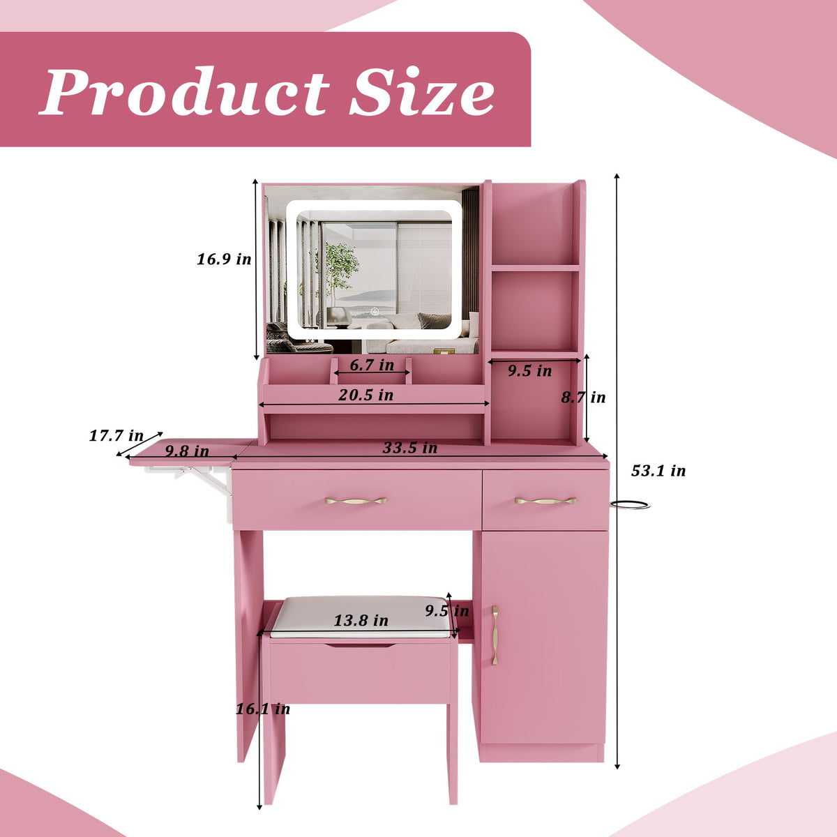 Vanity Desk With LED Mirror Lights And Charging Outlet