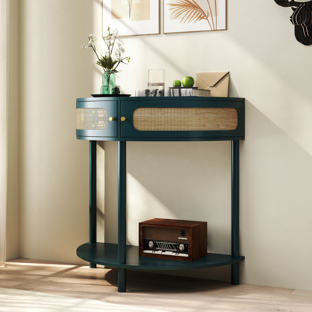 Boho Rattan Semi Circle End Table With Sliding Rattan Door, Storage And Bottom Shelf