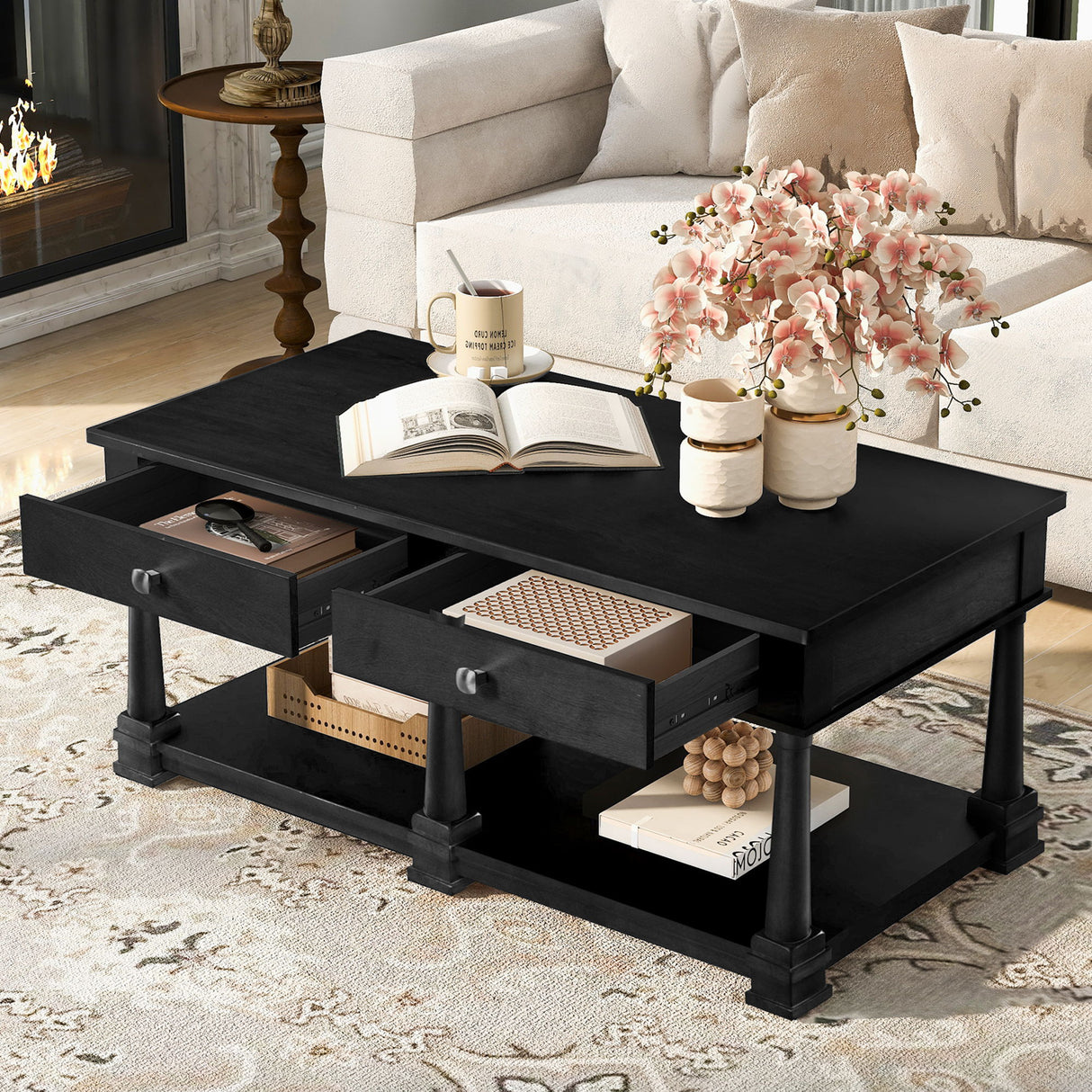 Coffee Table With 2 Storage Drawers & Lower Open Shelf