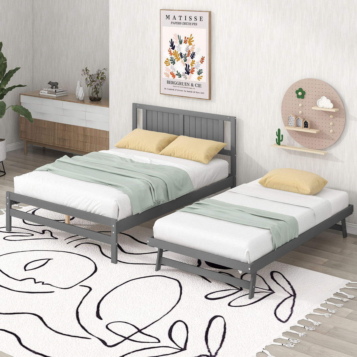 Full Size With Adjustable Twin Trundle Platform Bed - Gray