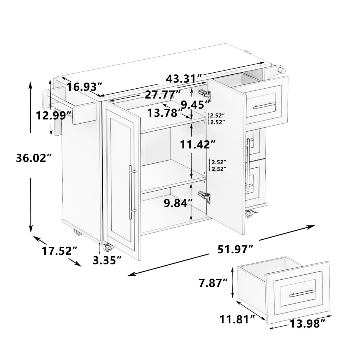 Kitchen Island Cart With 2 Door Cabinet, 3 Drawers, Spice Rack & Towel Rack - White