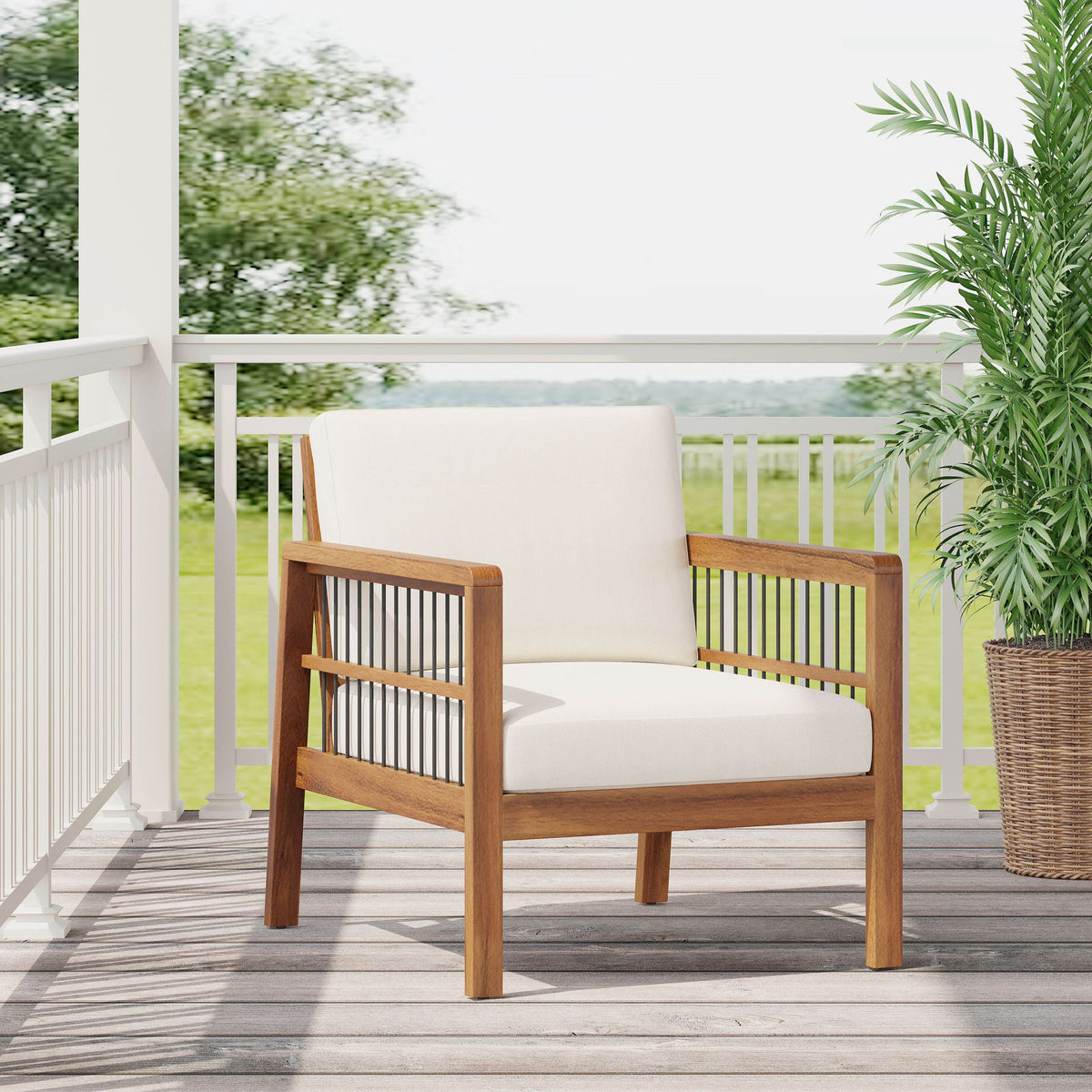 Club Chair With Slat Panel Design - Teak / Beige