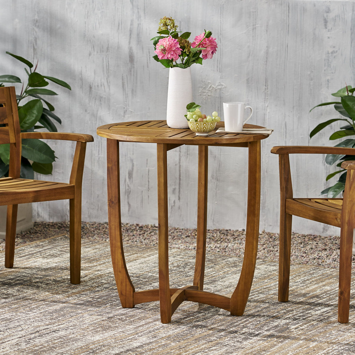 Outdoor Circular Wood Bistro Table With Curved Legs And Slat Panel Table Top - Teak