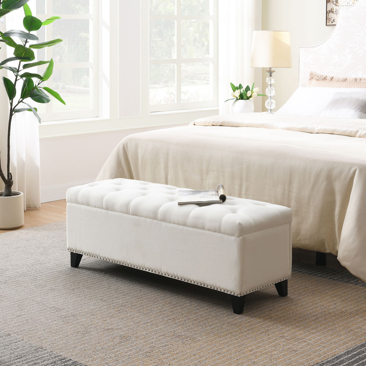 Button-Tufted Storage Ottoman With Safety Close Hinge