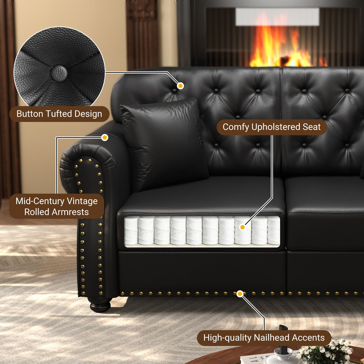 Upholstered Sofa With Nailhead Trim, Rolled Armrests With Ottoman