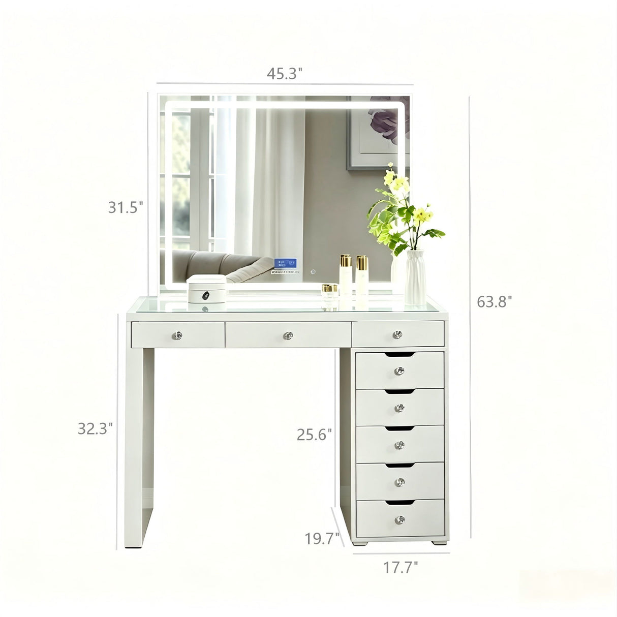 Makeup Vanity Desk With LED Lighted Mirror, 9 Drawers For Bedroom - Gloss White