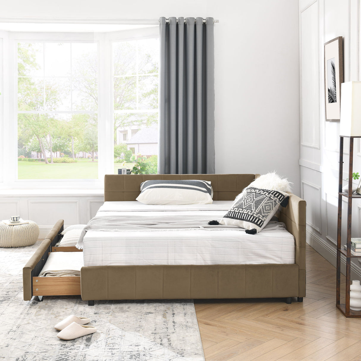 Storage Upholstered Tufted Bed Frame With Backrest And Armrests