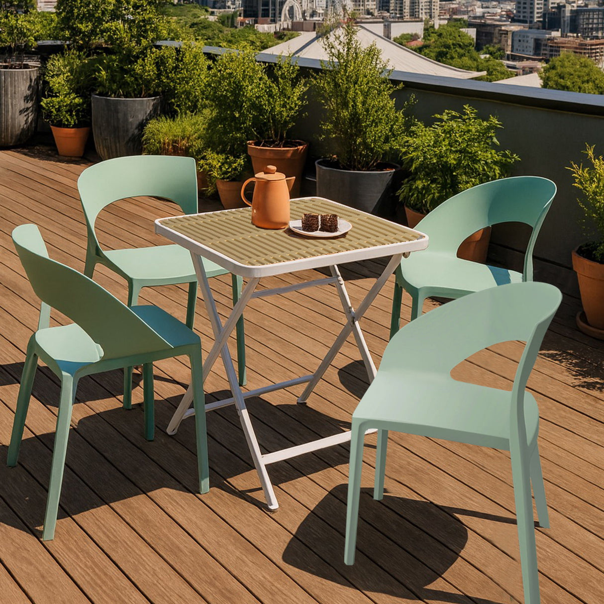 4 Piece Set Of Color Block Designed Single Chairs & Folding Square Table - Haze Green / Khaki / White