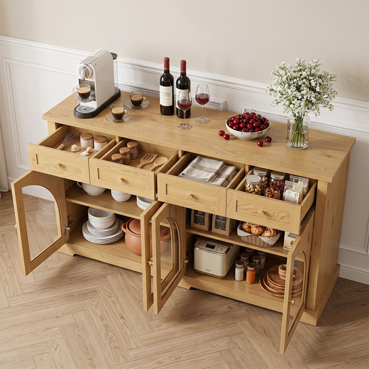 Sideboard Cabinet With 4 Drawers And 4 Arched Glass Doors