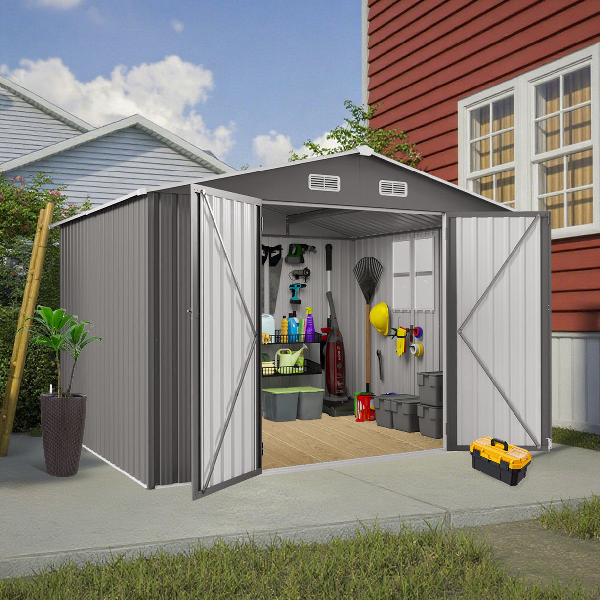 Metal Storage Shed Garden Building Large Waterproof Tool Shell Gray