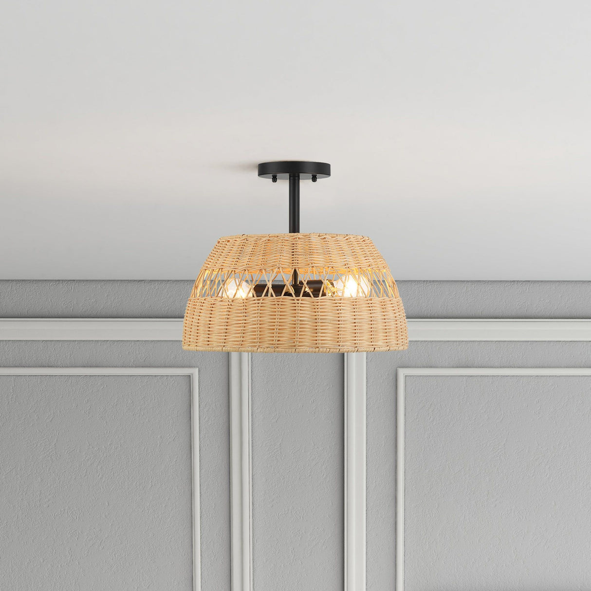 Twinkle - Double Lights Semi Flush With Shade - Black / Rattan