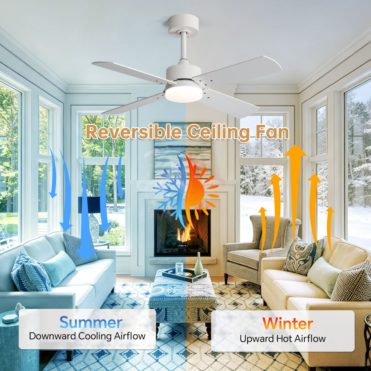 42" Ceiling Fan With Light And Memory Function, DC Reversible Motor, 4 Blades