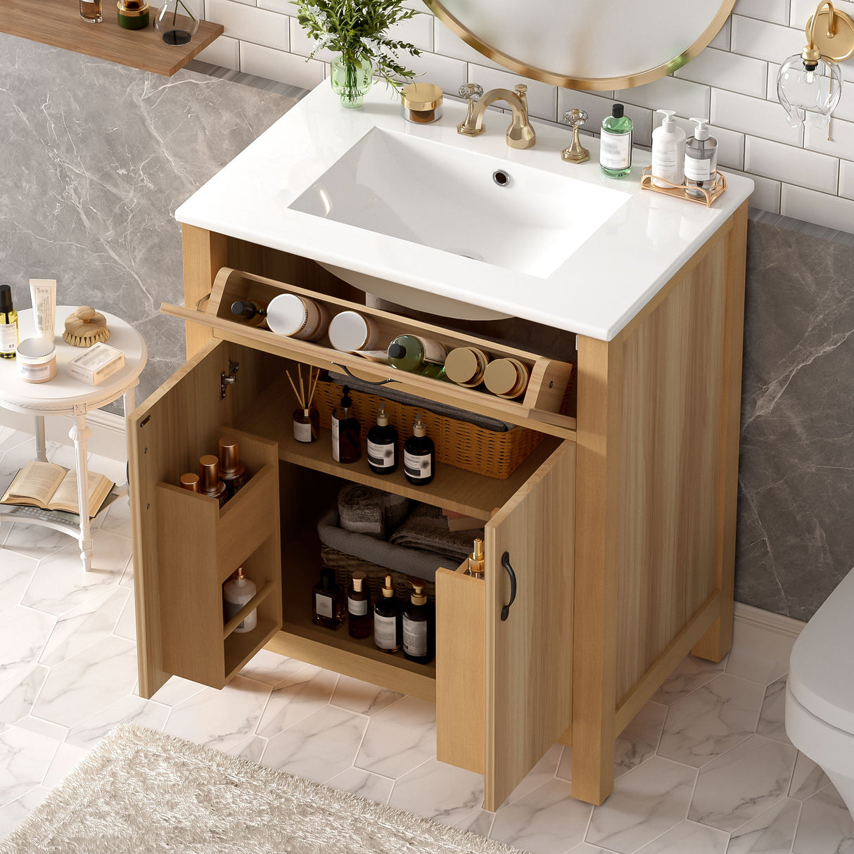 Bathroom Vanity With Flip Drawer, 2 Soft Close Doors, Adjustable Shelf And Ceramic Sink