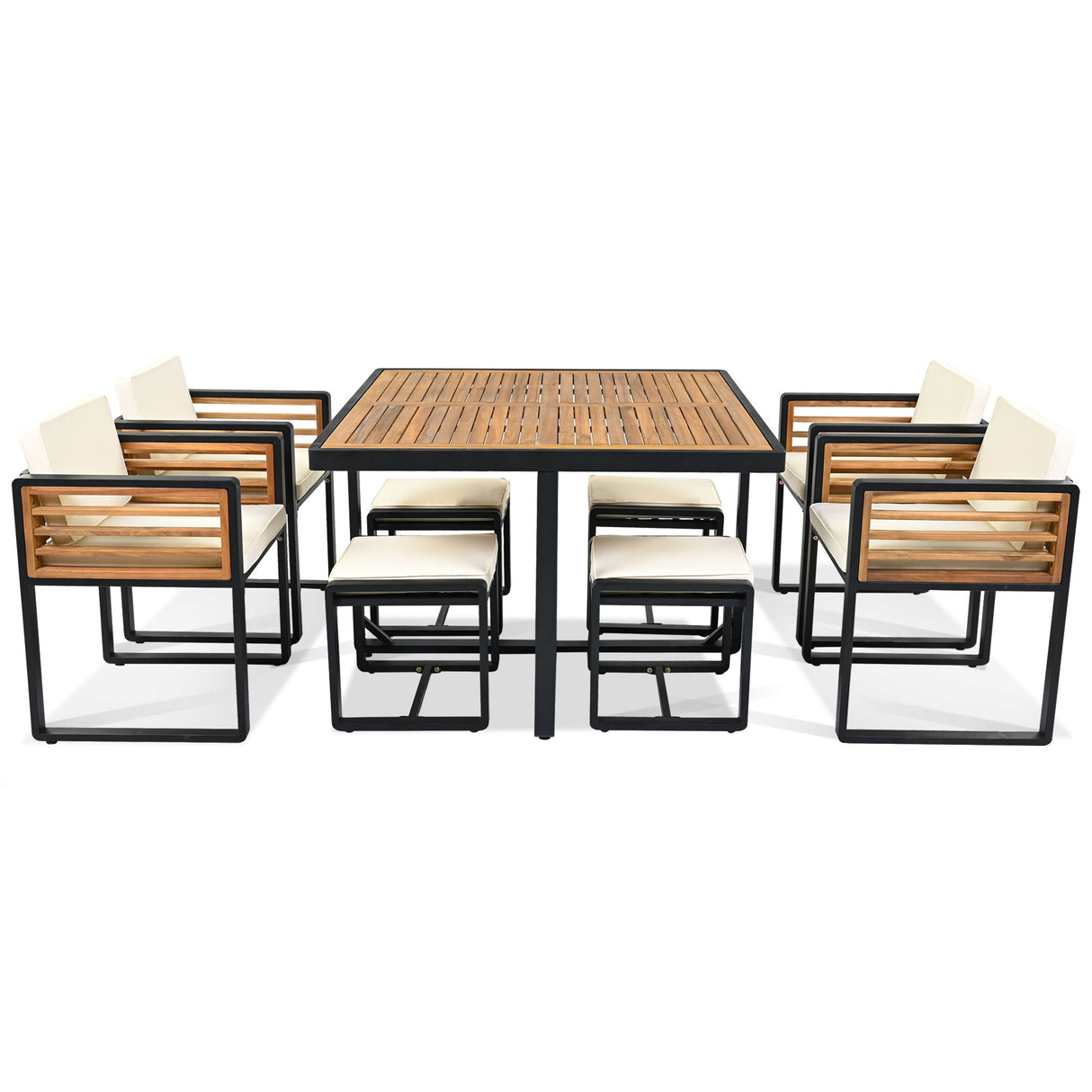 Acacia Wood Patio Dining Set, Cushioned Chairs & Ottomans Square Table