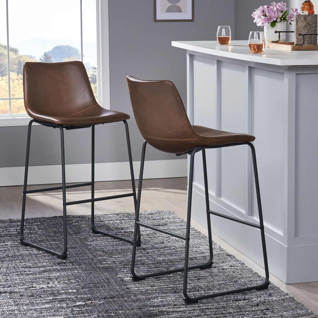 Barstool With Upholstery And Foot Rail - Vintage Brown