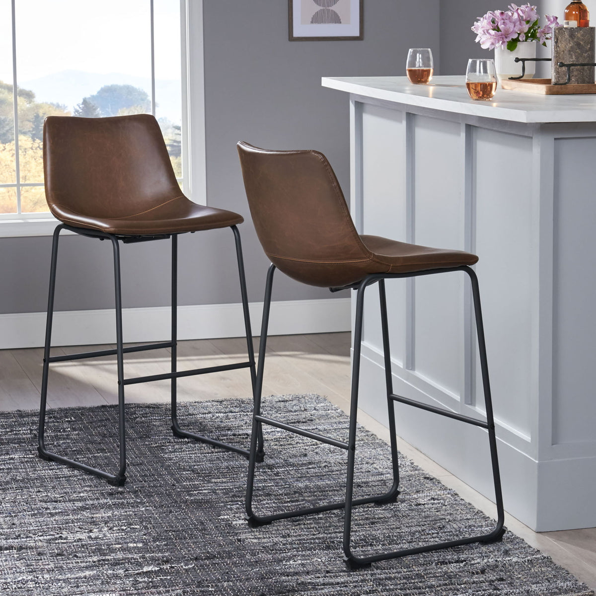Barstool With Upholstery And Foot Rail - Vintage Brown