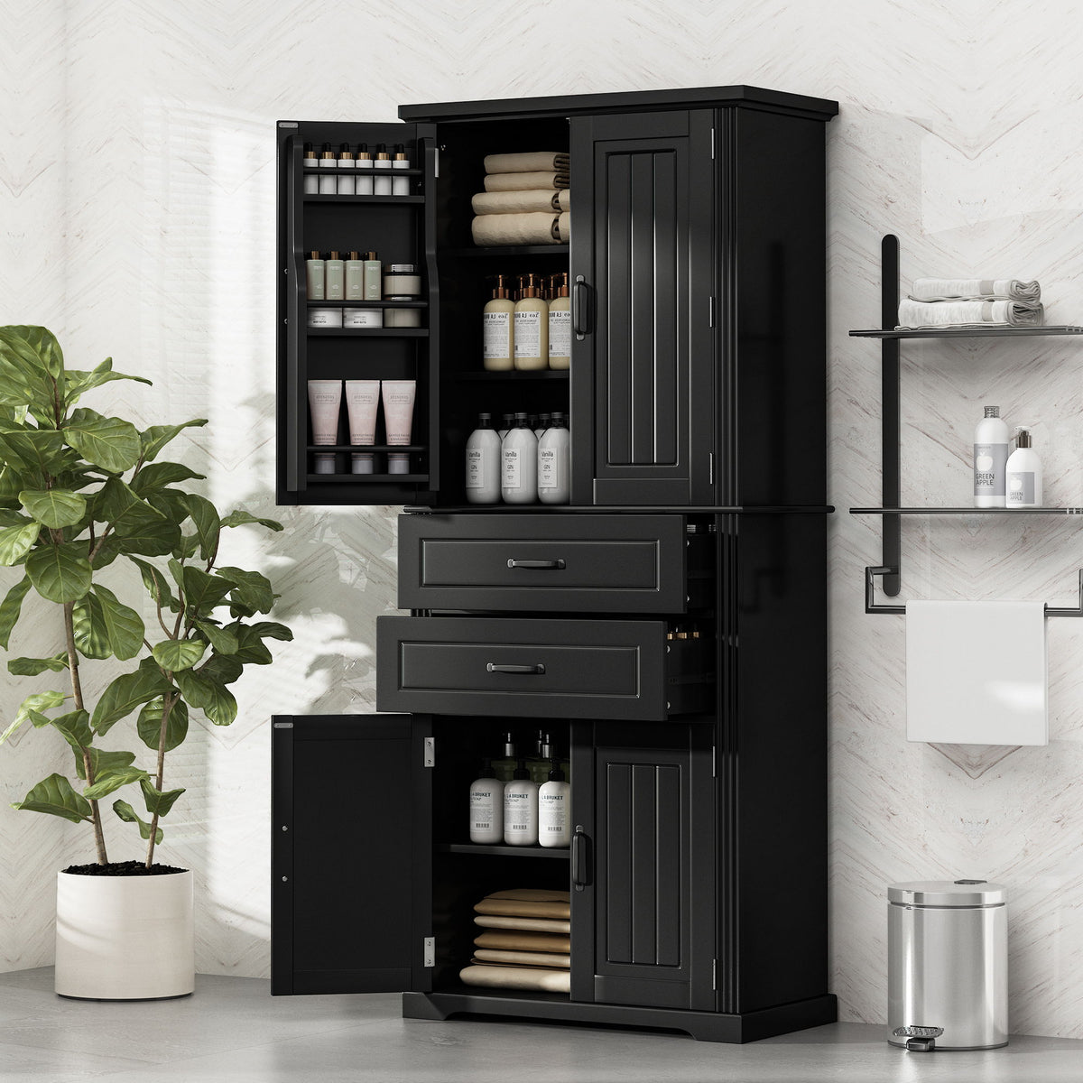 Storage Cabinet With Adjustable Shelves, 2 Drawers, Doors