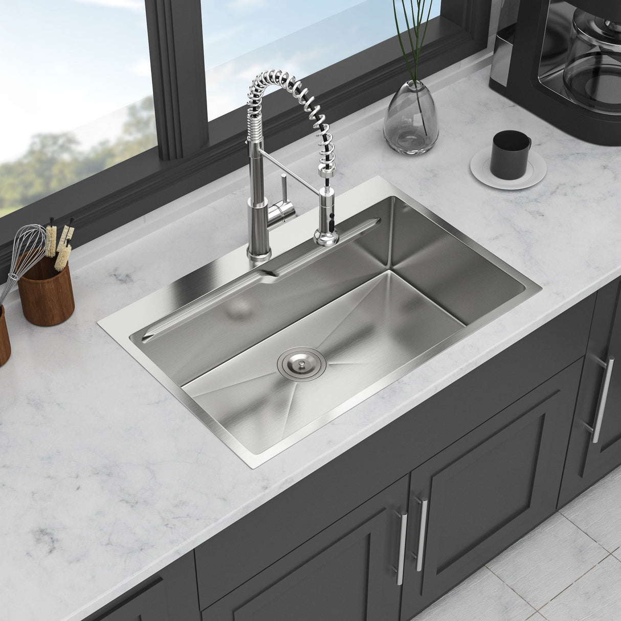 33" Drop In Kitchen Sink With Ledge Workstation, Single Bowl, 16 Gauge Stainless Steel - Black / Gray