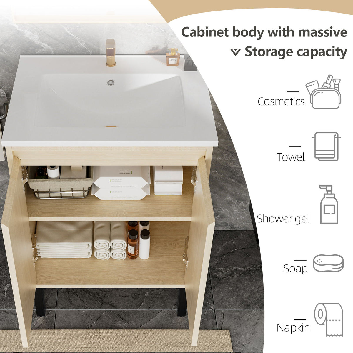 Bathroom Vanity With Ceramic Sink, Floor-Standing Design, Soft-Closing Drawers