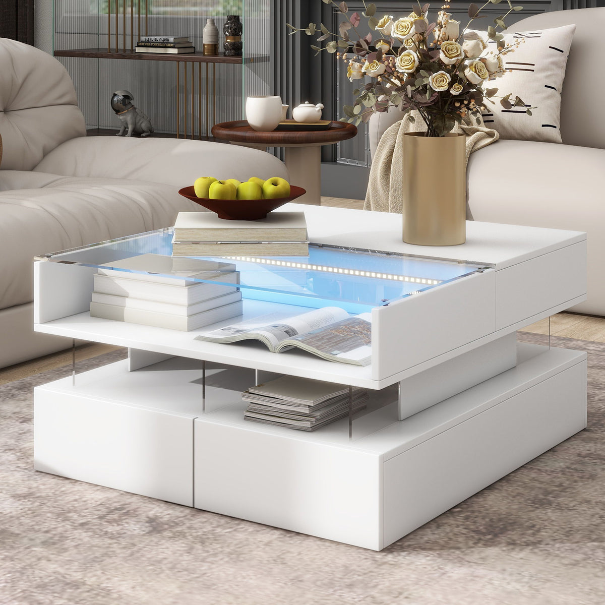 Lift Top Coffee Table With 2 Drawers, Hidden Space And LED Lights For Living Room