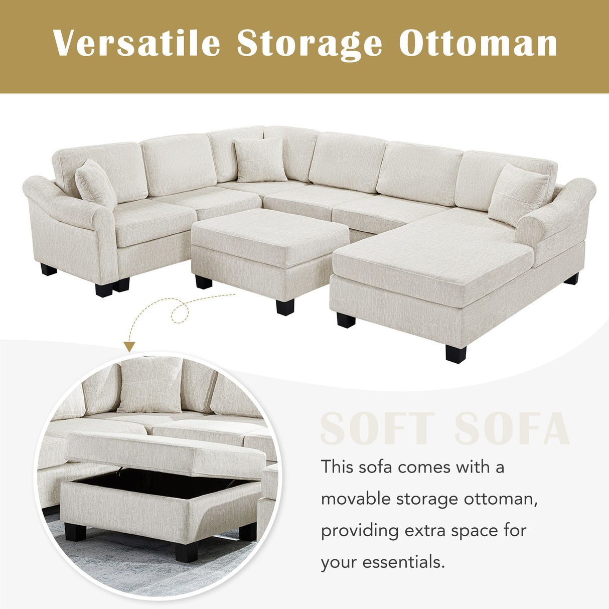 Contemporary U - Shaped Sectional Sofa With Movable Storage Ottoman
