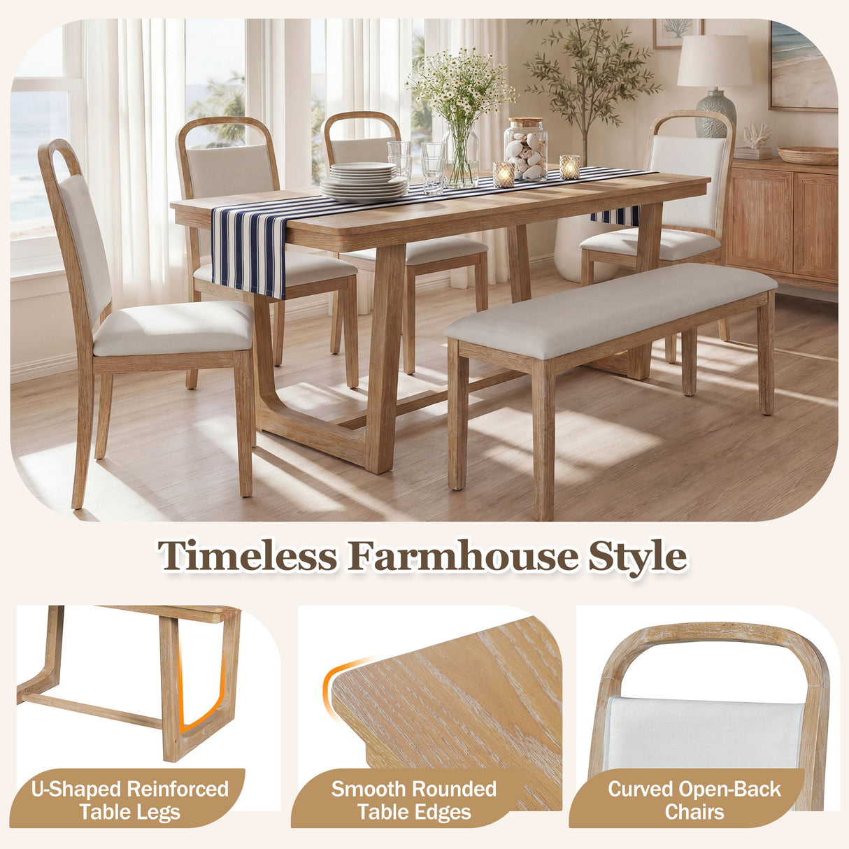 Farmhouse Dining Set With 4 Upholstered Chairs & 1 Bench