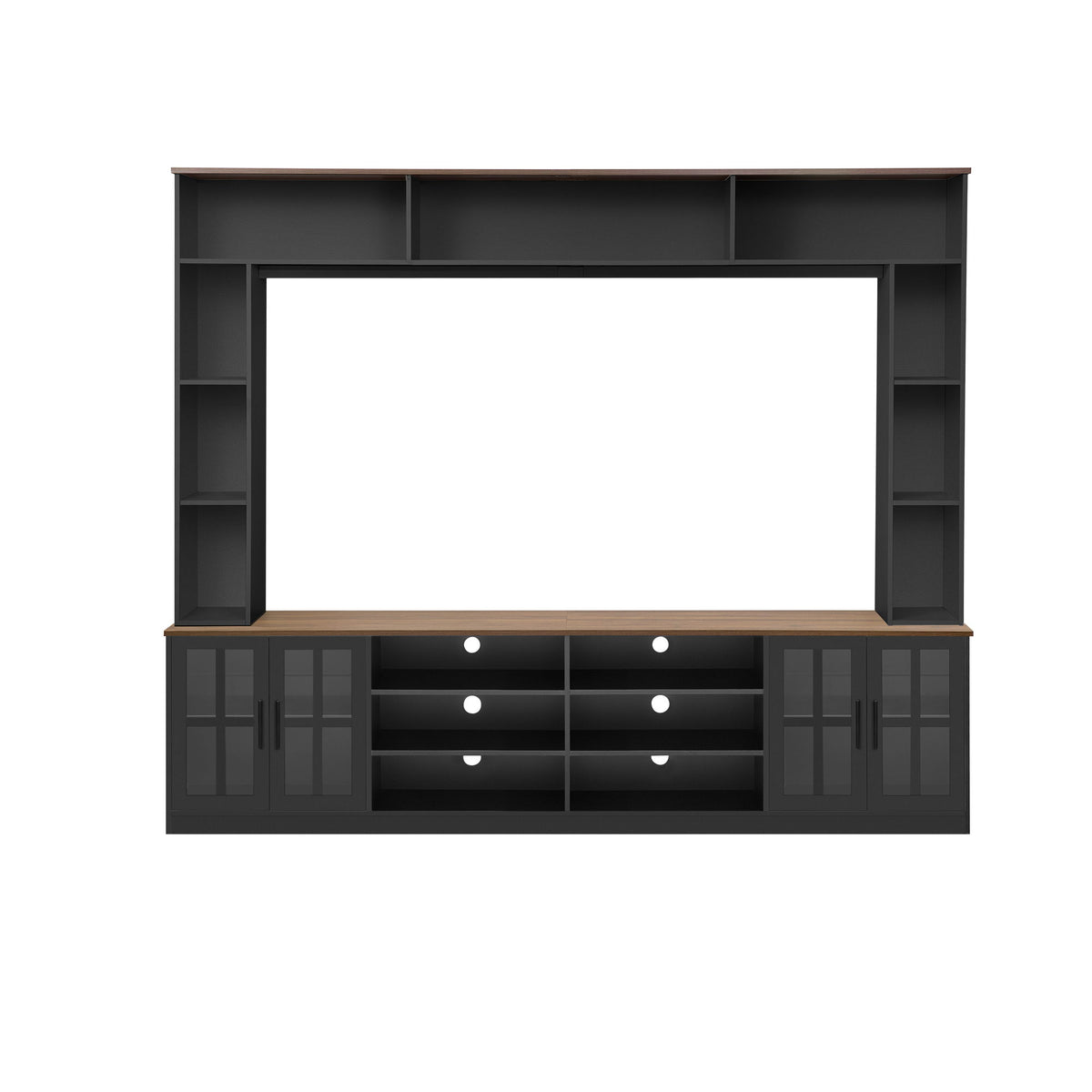 Wall Unit Entertainment Center With Bookshelves For TVs Up To 80", Tempered Glass Doors And Adjustable Shelves