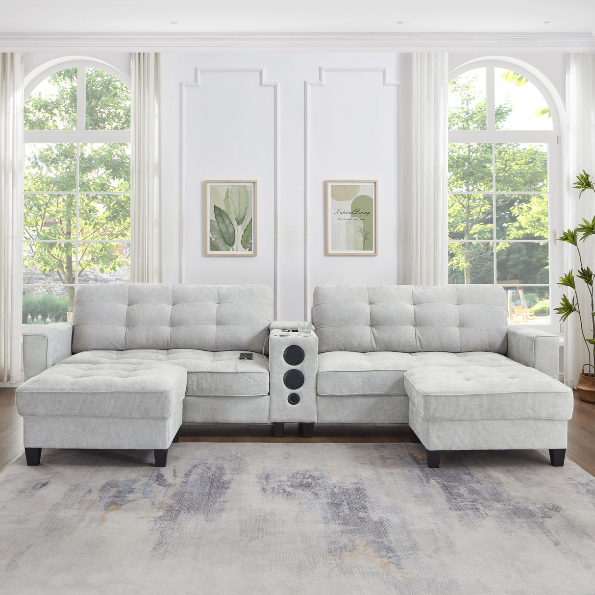 Modern Sectional Sofa U-Shaped With Movable Ottomans, tooth Speakers, LED Lights And Modular Storage