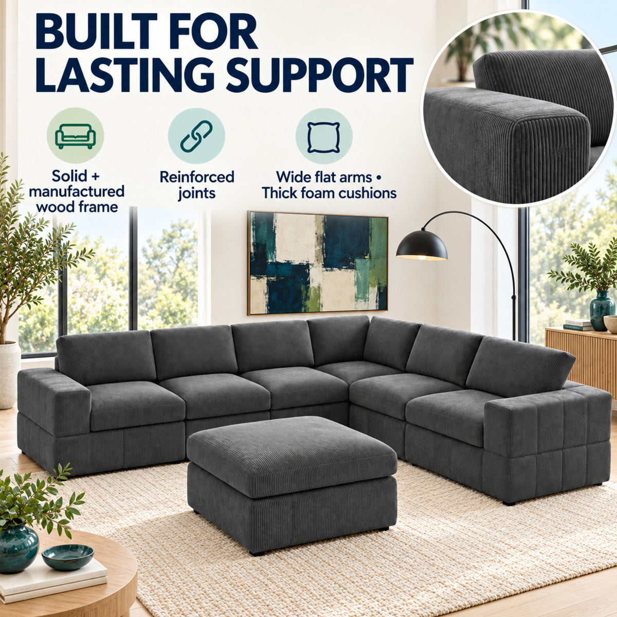Oversized Modular Sectional Sofa, Reversible With Ottoman