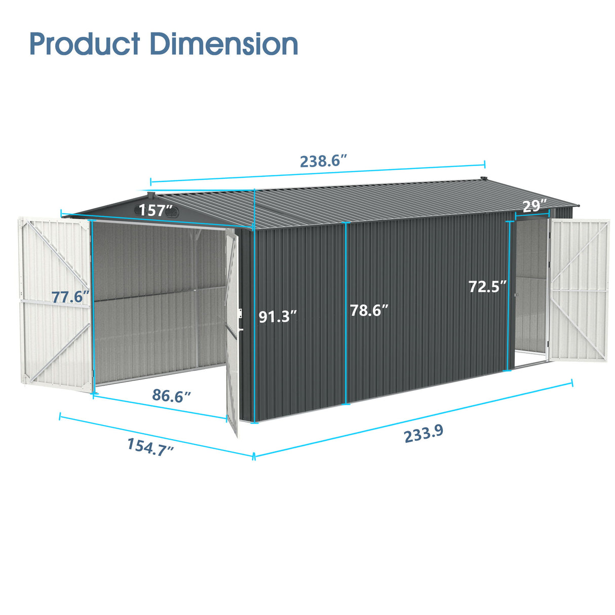 Outdoor Storage Shed Garden Building Metal Utility Tool House 239x91in Dark Gray
