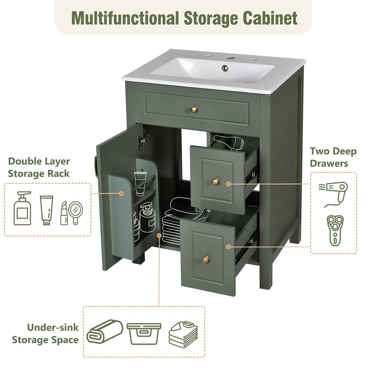 Elegant Bathroom Vanity With Ceramic Sink, Soft Close Doors And Drawers, Double Storage Racks