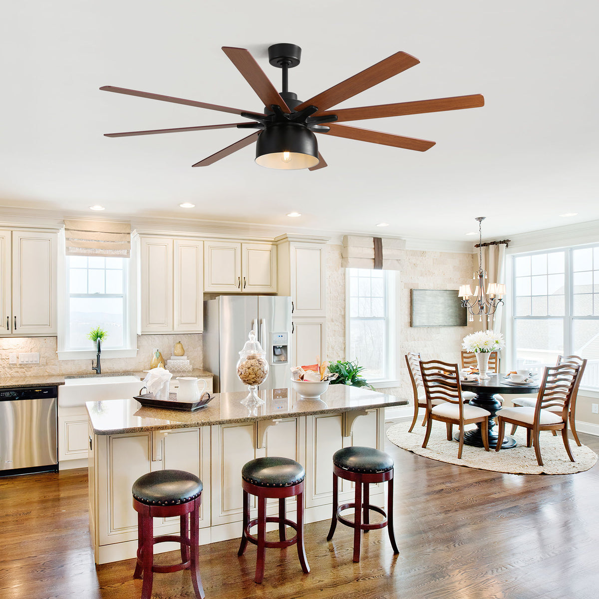 52" Ceiling Fan With 6 Speed Wind 8 Dual Colors Blades Remote Control Reversible DC Motor With Light - Black