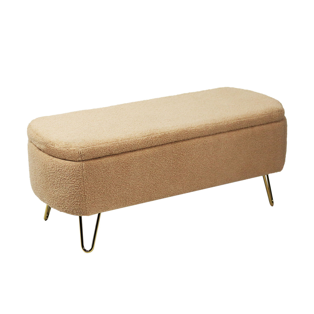 Storage Ottoman Bench For End Of Bed Gold Legs, Modern Camel Faux Fur Entryway Bench Upholstered Padded With Storage For Living Room Bedroom - Camel