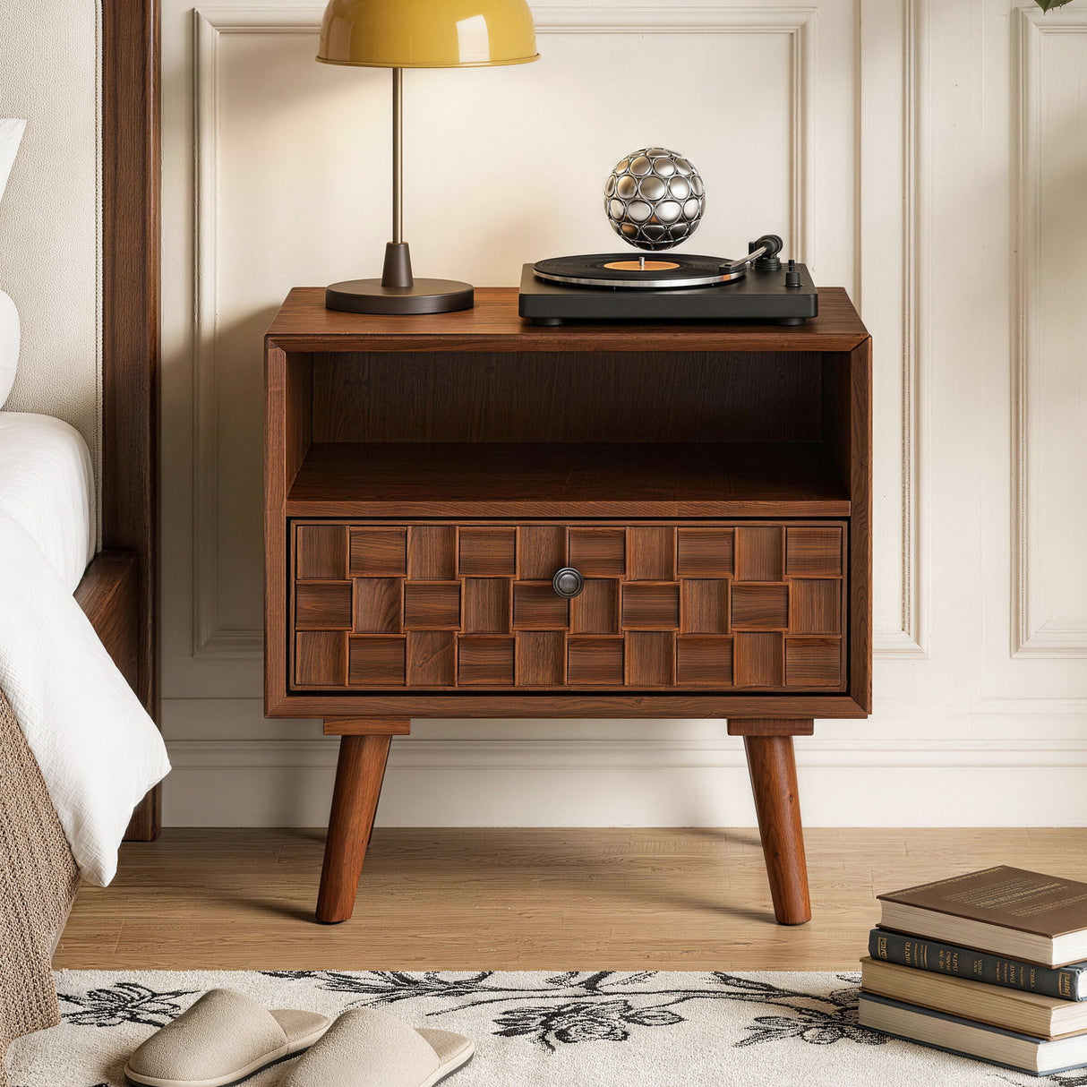Nightstand With Carved Geometric Drawer Front, 1 Drawer And Open Shelf