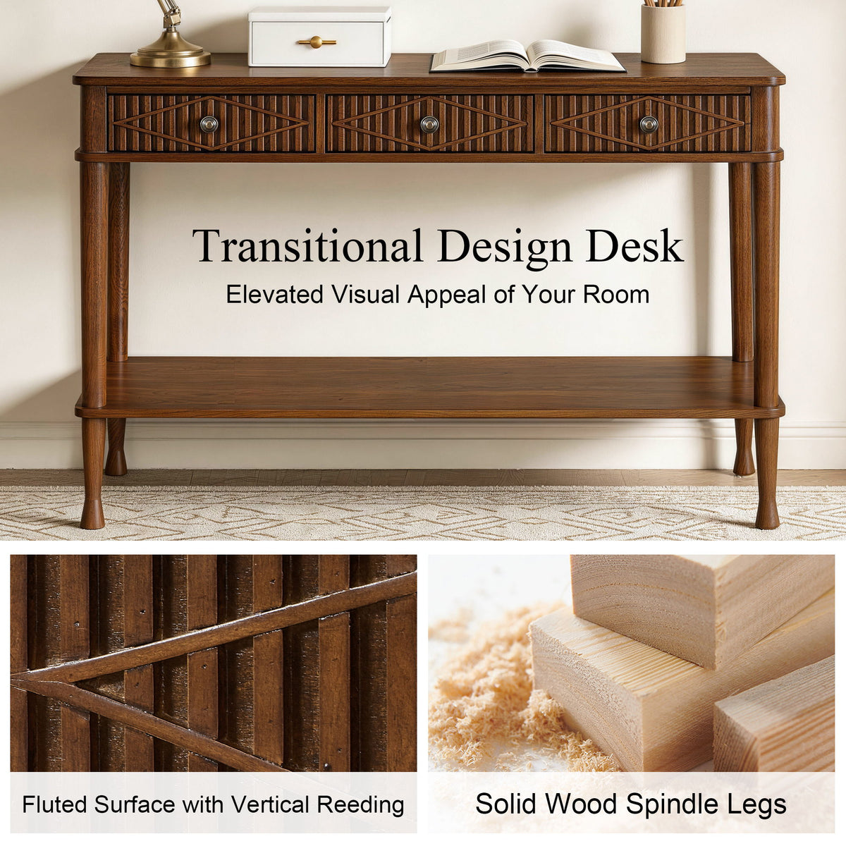 Console Table With Reeded Diamond Pattern Drawer Fronts, Open Storage Shelf For Living Room - Walnut