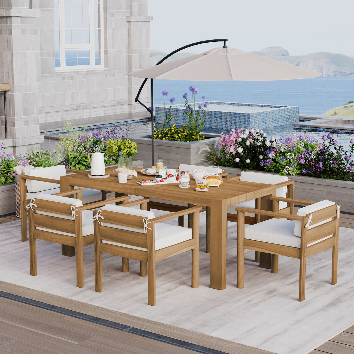 Rustic Patio Dining Set For 6 With Removable Cushions