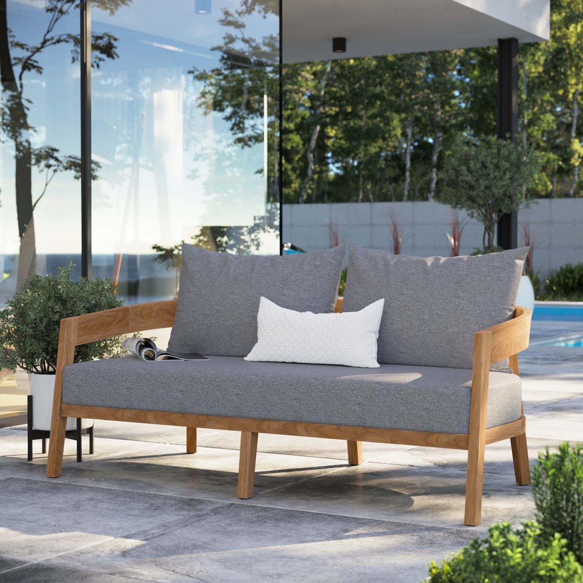 69" Natural Teak Wood Outdoor Patio Loveseat with Gray Cushions - Outdoor - Alpine Outlets