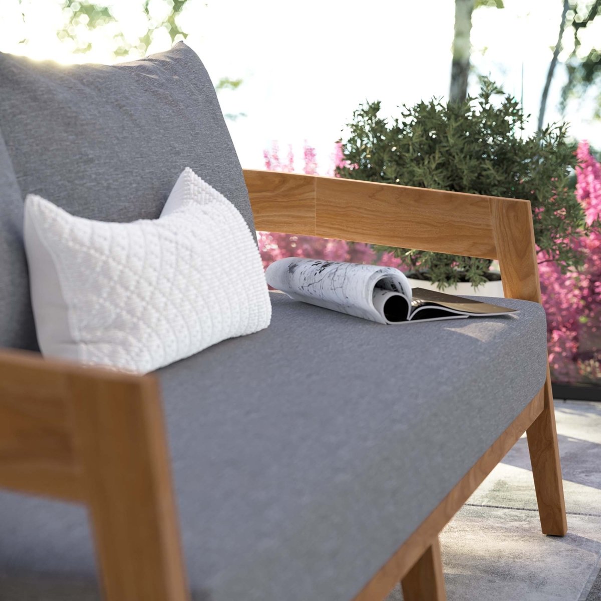 69" Natural Teak Wood Outdoor Patio Loveseat with Gray Cushions - Outdoor - Alpine Outlets