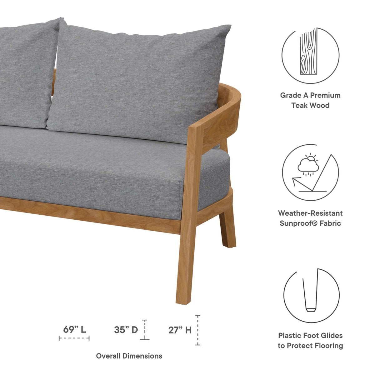 69" Natural Teak Wood Outdoor Patio Loveseat with Gray Cushions - Outdoor - Alpine Outlets