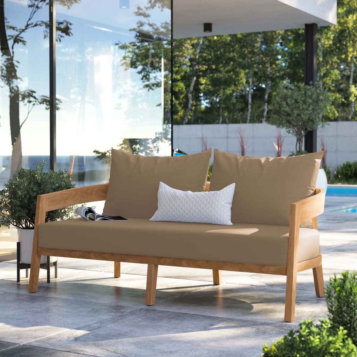 69" Natural Teak Wood Outdoor Patio Loveseat with Light Brown Cushions - Outdoor - Alpine Outlets