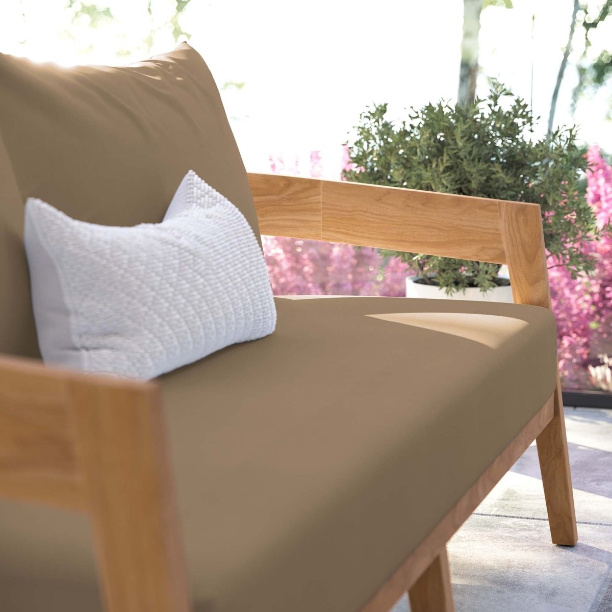 69" Natural Teak Wood Outdoor Patio Loveseat with Light Brown Cushions - Outdoor - Alpine Outlets