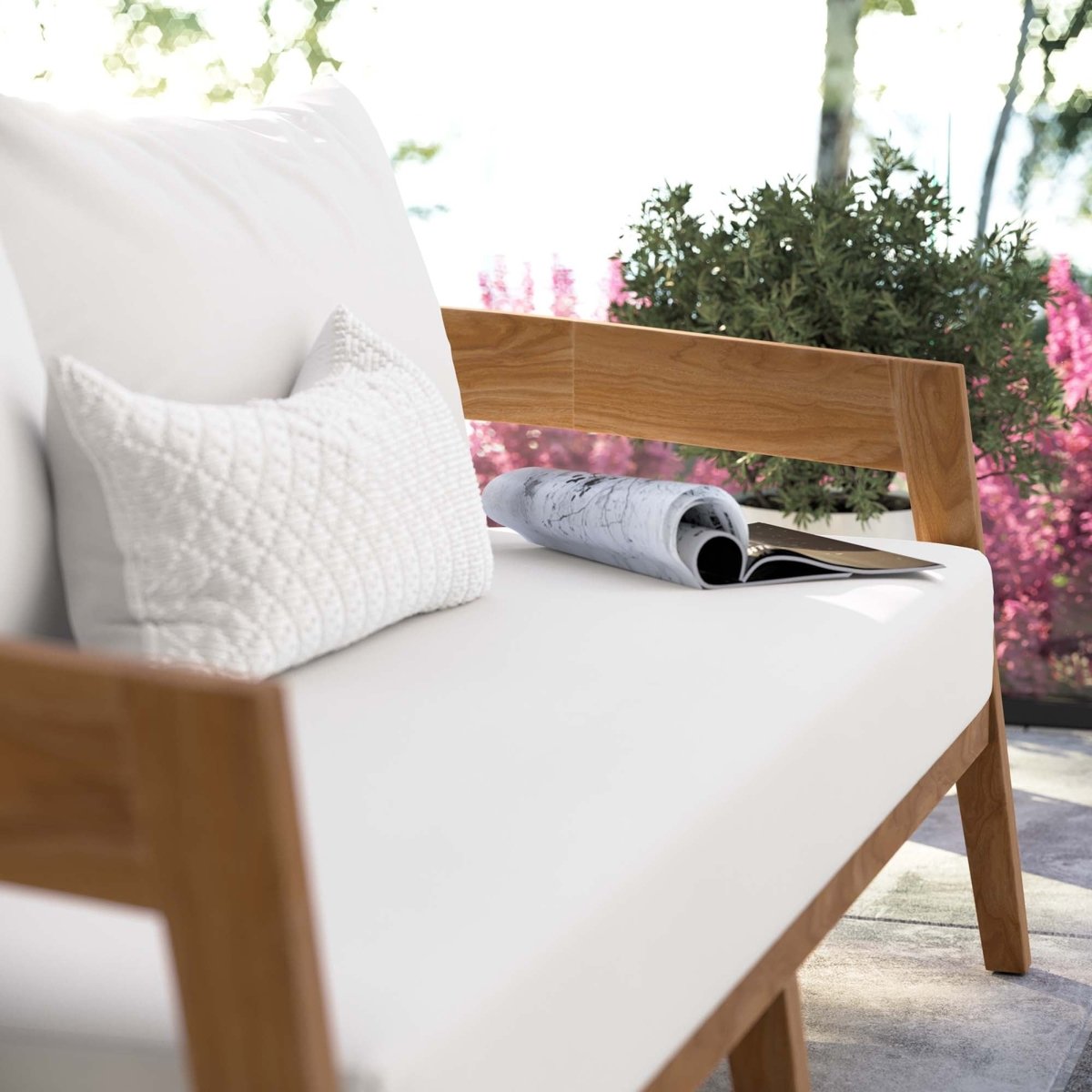 69" Natural Teak Wood Outdoor Patio Loveseat with White Cushions - Outdoor - Alpine Outlets