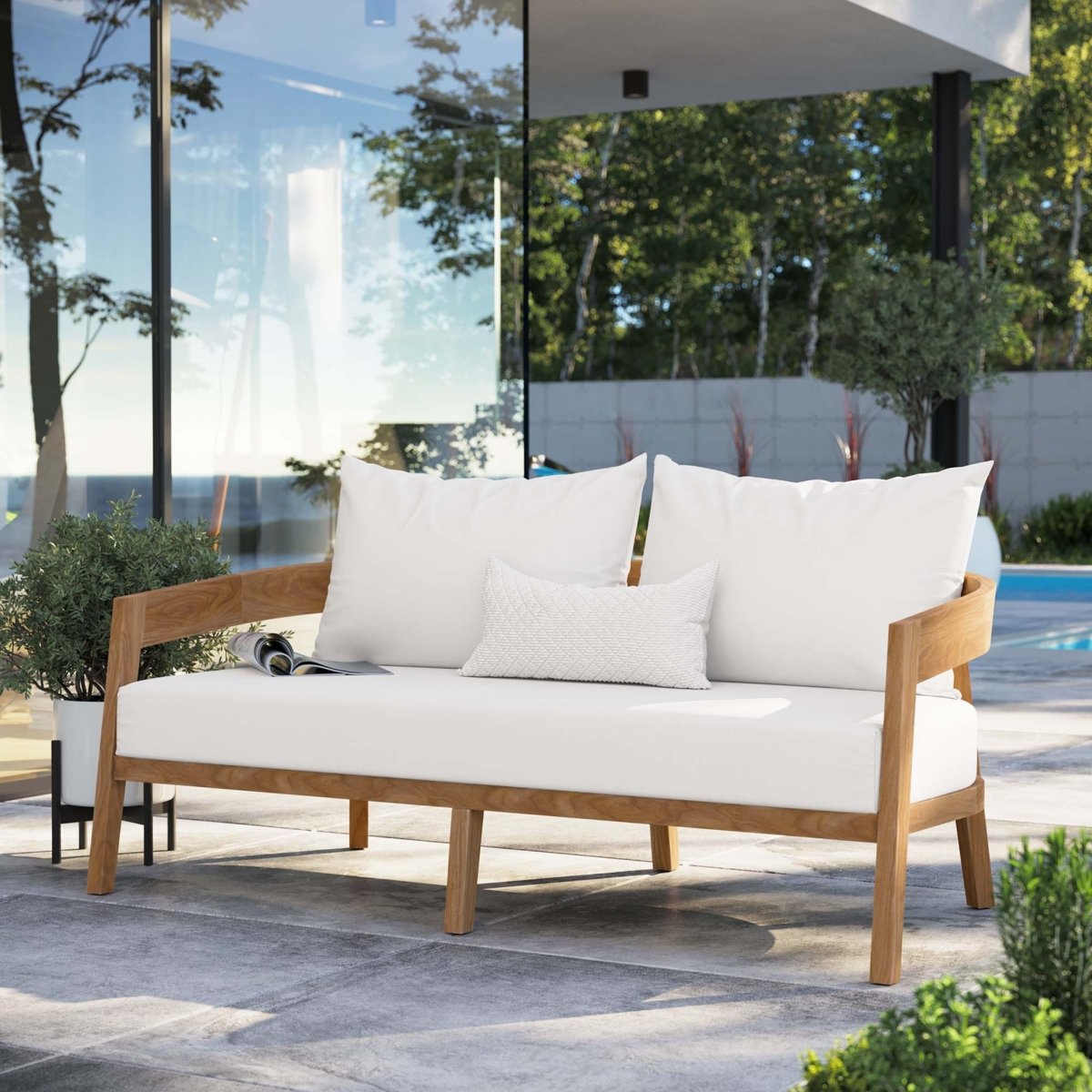 69" Natural Teak Wood Outdoor Patio Loveseat with White Cushions - Outdoor - Alpine Outlets