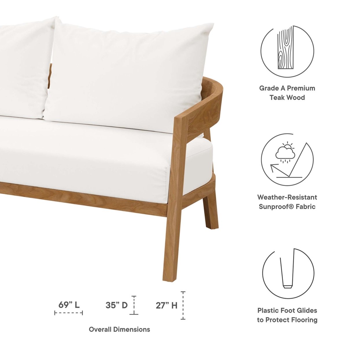 69" Natural Teak Wood Outdoor Patio Loveseat with White Cushions - Outdoor - Alpine Outlets