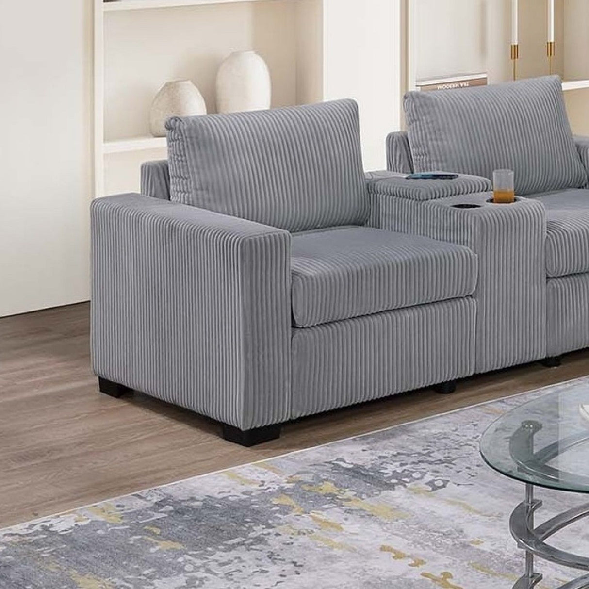 Elegant Simple Sofa Set With Console Cup Holder And Loveseat